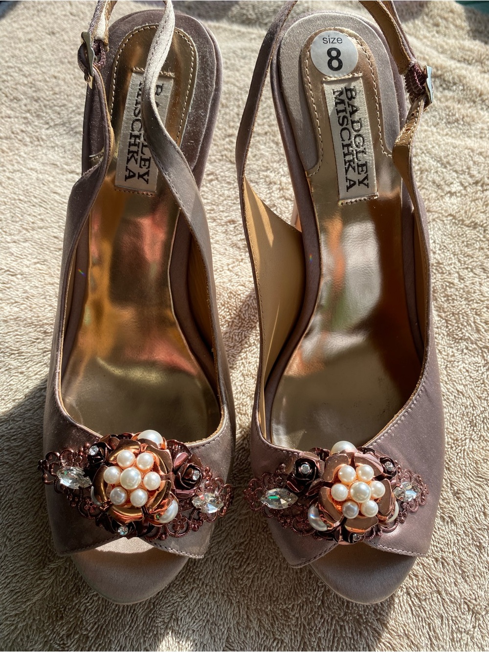 Badgley Mischka Anita Satin Jeweled Slingback Platform Pumps - Size 8 - Picture 1 of 5